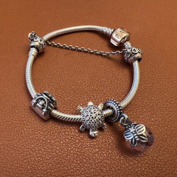 Pandora Bracelet Charm Set 6.5" with Rose Gold Sea Turtle Zirconia Purse Jem - Picture 1 of 12